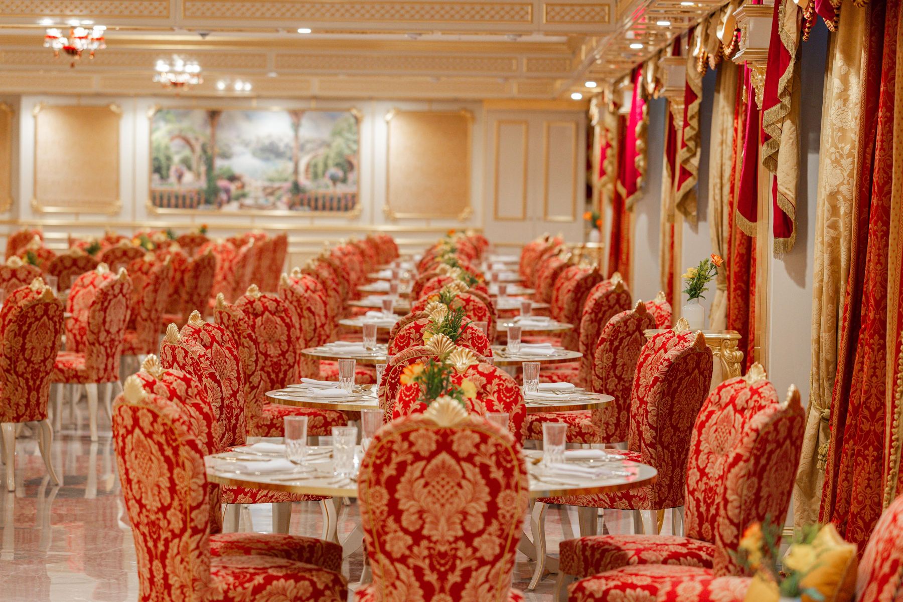 Banquet dining room with red damask chairs
