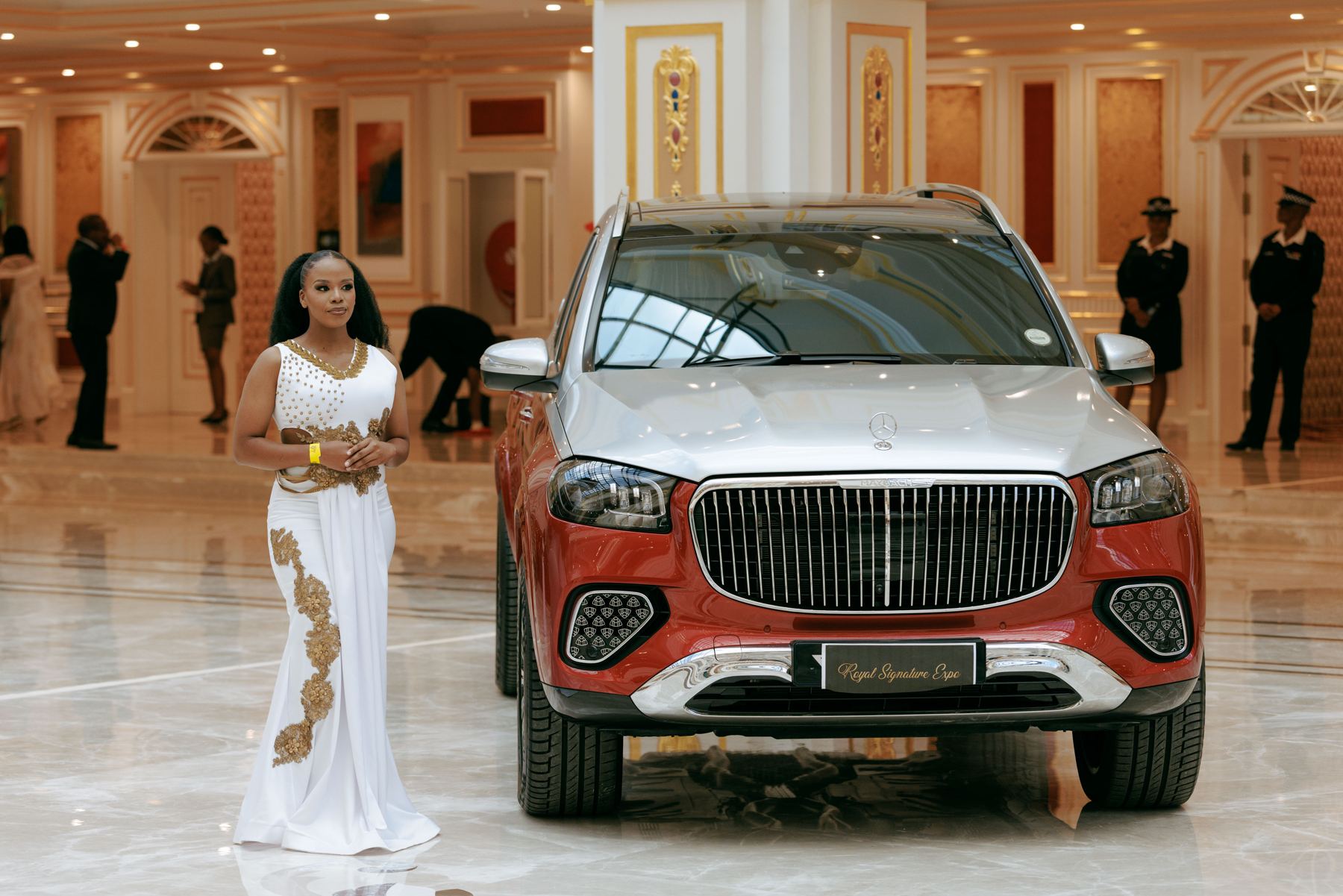 Luxury car showcased in the lobby
